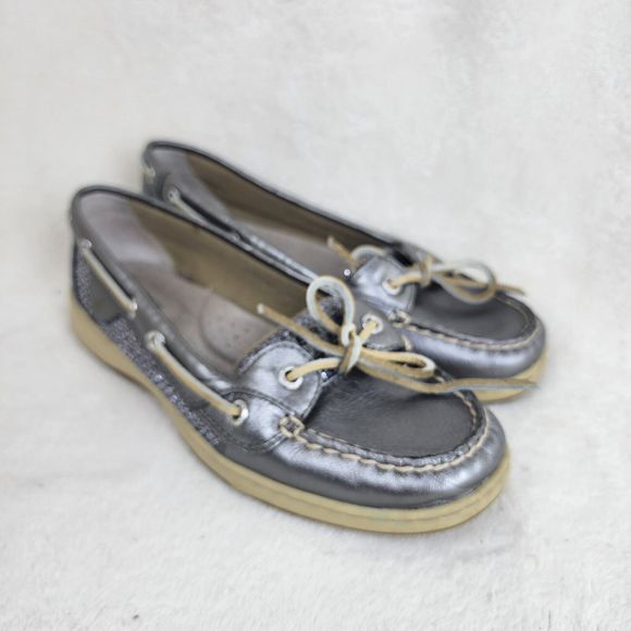 Sperry Women's Angelfish Silver Metallic Leather Sequins Boat Shoes Size 8M - Picture 1 of 8